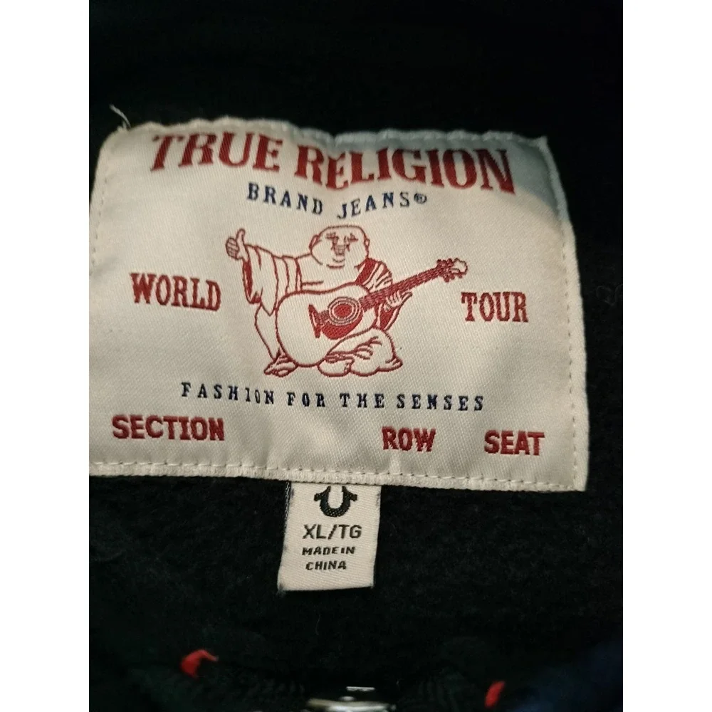 True Religion Mens XL Black Red Contrast Stitch Full Zip Hoodie Buddha Worldtour